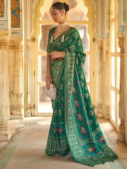 Akhilam - Women's Silk Blend Green Woven Design Designer Saree with Unstitched Blouse