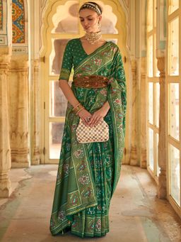 Akhilam - Women's Silk Blend Green Woven Design Designer Saree with Unstitched Blouse