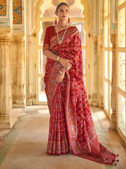 Akhilam - Women's Silk Blend Red Woven Design Designer Saree with Unstitched Blouse