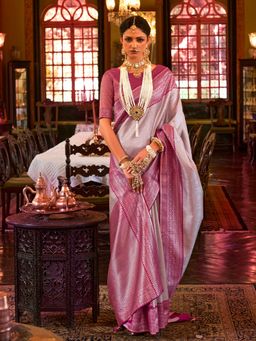 Akhilam - Women's Silk Blend Beige Woven Design Designer Saree with Unstitched Blouse