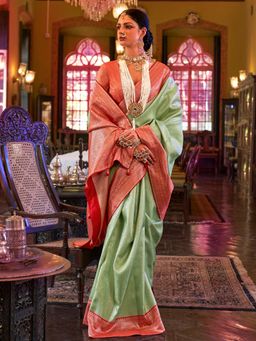 Akhilam - Women's Silk Blend Green Woven Design Designer Saree with Unstitched Blouse