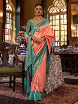 Akhilam - Women's Silk Blend Peach Woven Design Designer Saree with Unstitched Blouse