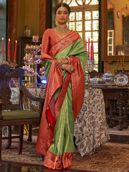 Akhilam - Women's Silk Blend Green Woven Design Designer Saree with Unstitched Blouse