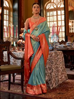 Akhilam - Women's Silk Blend Blue Woven Design Designer Saree with Unstitched Blouse