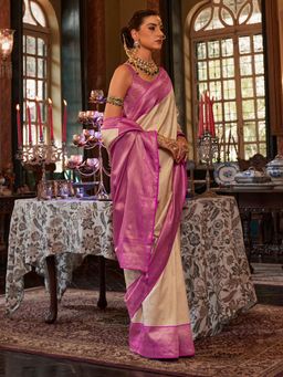 Akhilam - Women's Silk Blend Beige Woven Design Designer Saree with Unstitched Blouse