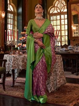 Akhilam - Women's Silk Blend Purple Woven Design Designer Saree with Unstitched Blouse