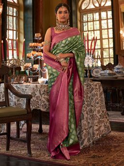 Akhilam - Women's Silk Blend Green Woven Design Designer Saree with Unstitched Blouse