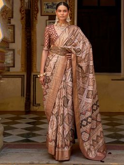 Akhilam - Women's Silk Blend Beige Woven Design Designer Saree with Unstitched Blouse