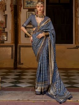 Akhilam - Women's Silk Blend Navy Blue Woven Design Designer Saree with Unstitched Blouse