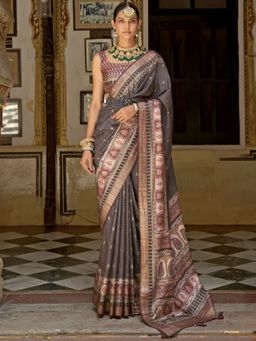 Akhilam - Women's Silk Blend Brown Woven Design Designer Saree with Unstitched Blouse