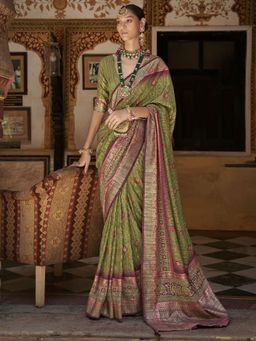 Akhilam - Women's Silk Blend Green Woven Design Designer Saree with Unstitched Blouse