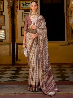 Akhilam - Women's Silk Blend Beige Woven Design Designer Saree with Unstitched Blouse