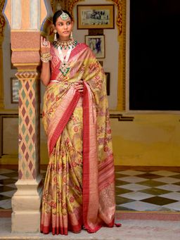 Akhilam - Women's Silk Blend Yellow Woven Design Designer Saree with Unstitched Blouse