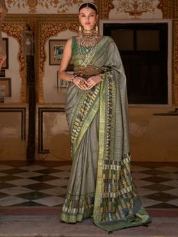 Akhilam - Women's Silk Blend Grey Woven Design Designer Saree with Unstitched Blouse