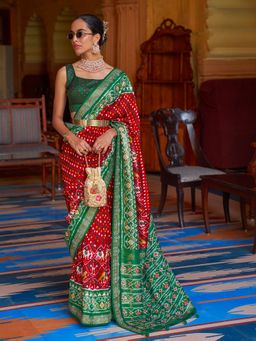 Akhilam - Women's Silk Blend Red Embellished Designer Saree with Unstitched Blouse