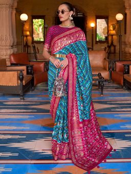 Akhilam - Women's Silk Blend Blue Embellished Designer Saree with Unstitched Blouse