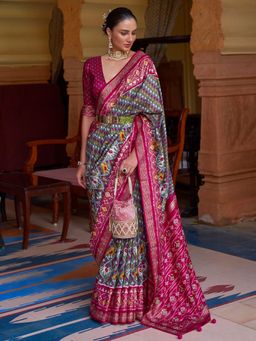 Akhilam - Women's Silk Blend Grey Embellished Designer Saree with Unstitched Blouse