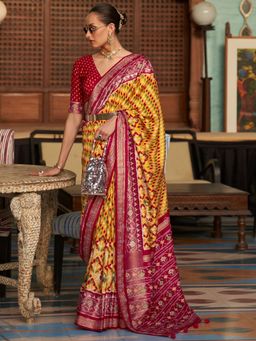Akhilam - Women's Silk Blend Yellow Embellished Designer Saree with Unstitched Blouse