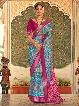 Akhilam - Women's Silk Blend Blue Woven Design Designer Saree with Unstitched Blouse