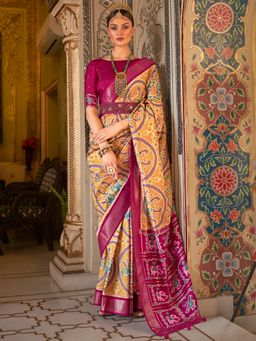 Akhilam - Women's Silk Blend Mustard Woven Design Designer Saree with Unstitched Blouse