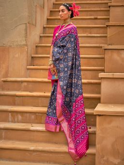 Akhilam - Women's Silk Blend Navy Blue Woven Design Designer Saree with Unstitched Blouse