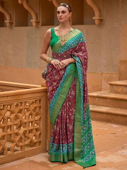 Akhilam - Women's Silk Blend Burgundy Woven Design Designer Saree with Unstitched Blouse