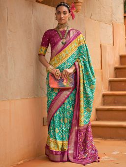 Akhilam - Women's Silk Blend Sea Green Woven Design Designer Saree with Unstitched Blouse
