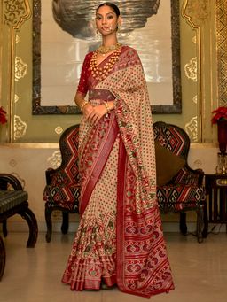 Akhilam - Women's Silk Blend Beige Woven Design Designer Saree with Unstitched Blouse
