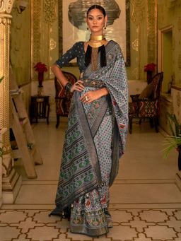 Akhilam - Women's Silk Blend Grey Woven Design Designer Saree with Unstitched Blouse