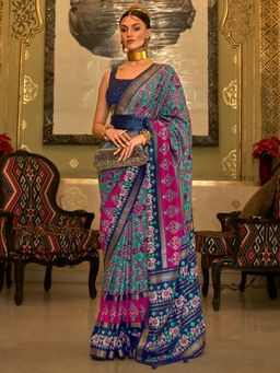Akhilam - Women's Silk Blend Turquoise Woven Design Designer Saree with Unstitched Blouse
