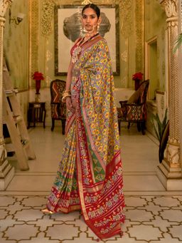 Akhilam - Women's Silk Blend Yellow Woven Design Designer Saree with Unstitched Blouse