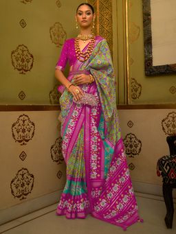 Akhilam - Women's Silk Blend Green Woven Design Designer Saree with Unstitched Blouse