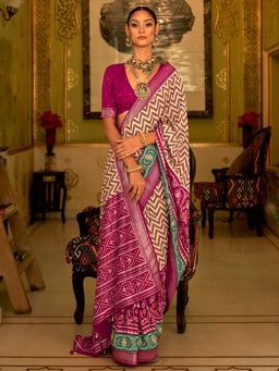 Akhilam - Women's Silk Blend Beige Woven Design Designer Saree with Unstitched Blouse