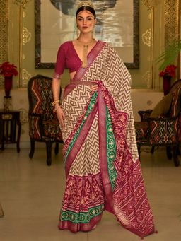Akhilam - Women's Silk Blend Beige Woven Design Designer Saree with Unstitched Blouse