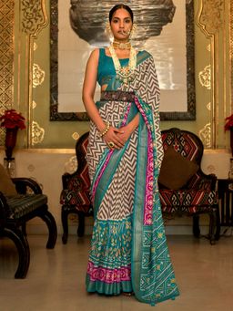 Akhilam - Women's Silk Blend Beige Woven Design Designer Saree with Unstitched Blouse