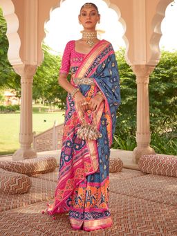 Akhilam - Women's Silk Blend Navy Blue Embellished Designer Saree with Unstitched Blouse