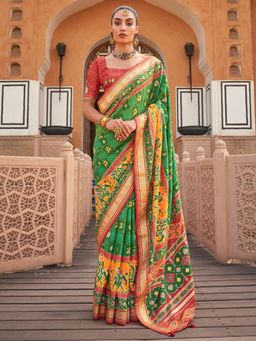 Akhilam - Women's Silk Blend Green Embellished Designer Saree with Unstitched Blouse