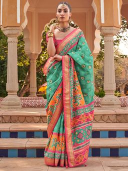 Akhilam - Women's Silk Blend Sea Green Embellished Designer Saree with Unstitched Blouse