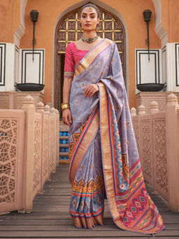 Akhilam - Women's Silk Blend Lavender Embellished Designer Saree with Unstitched Blouse