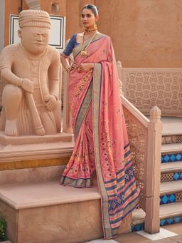Akhilam - Women's Silk Blend Pink Embellished Designer Saree with Unstitched Blouse