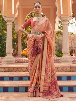 Akhilam - Women's Silk Blend Peach Embellished Designer Saree with Unstitched Blouse