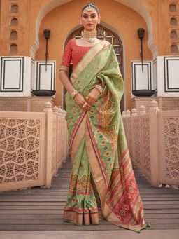 Akhilam - Women's Silk Blend Light Green Embellished Designer Saree with Unstitched Blouse