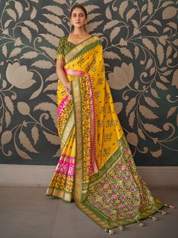 Akhilam - Women's Silk Blend Yellow Embellished Designer Saree with Unstitched Blouse