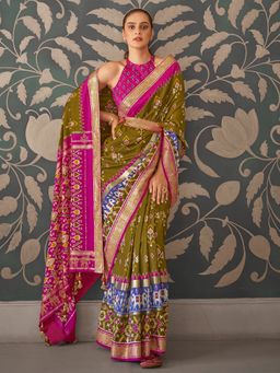 Akhilam - Women's Silk Blend Olive Embellished Designer Saree with Unstitched Blouse