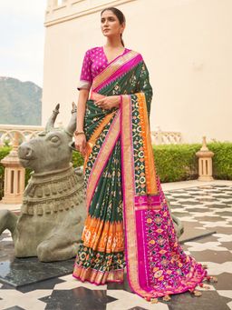 Akhilam - Women's Silk Blend Green Embellished Designer Saree with Unstitched Blouse