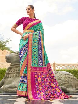 Akhilam - Women's Silk Blend Sea Green Embellished Designer Saree with Unstitched Blouse