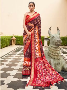 Akhilam - Women's Silk Blend Brown Embellished Designer Saree with Unstitched Blouse