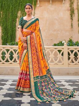 Akhilam - Women's Silk Blend Yellow Embellished Designer Saree with Unstitched Blouse