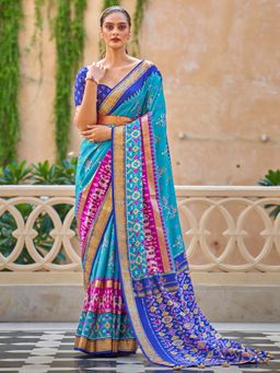 Akhilam - Women's Silk Blend Blue Embellished Designer Saree with Unstitched Blouse