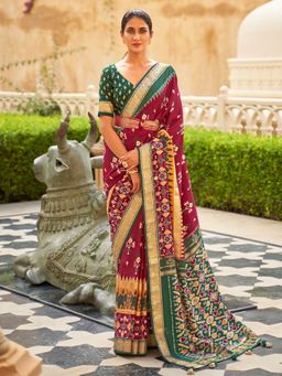 Akhilam - Women's Silk Blend Burgundy Embellished Designer Saree with Unstitched Blouse